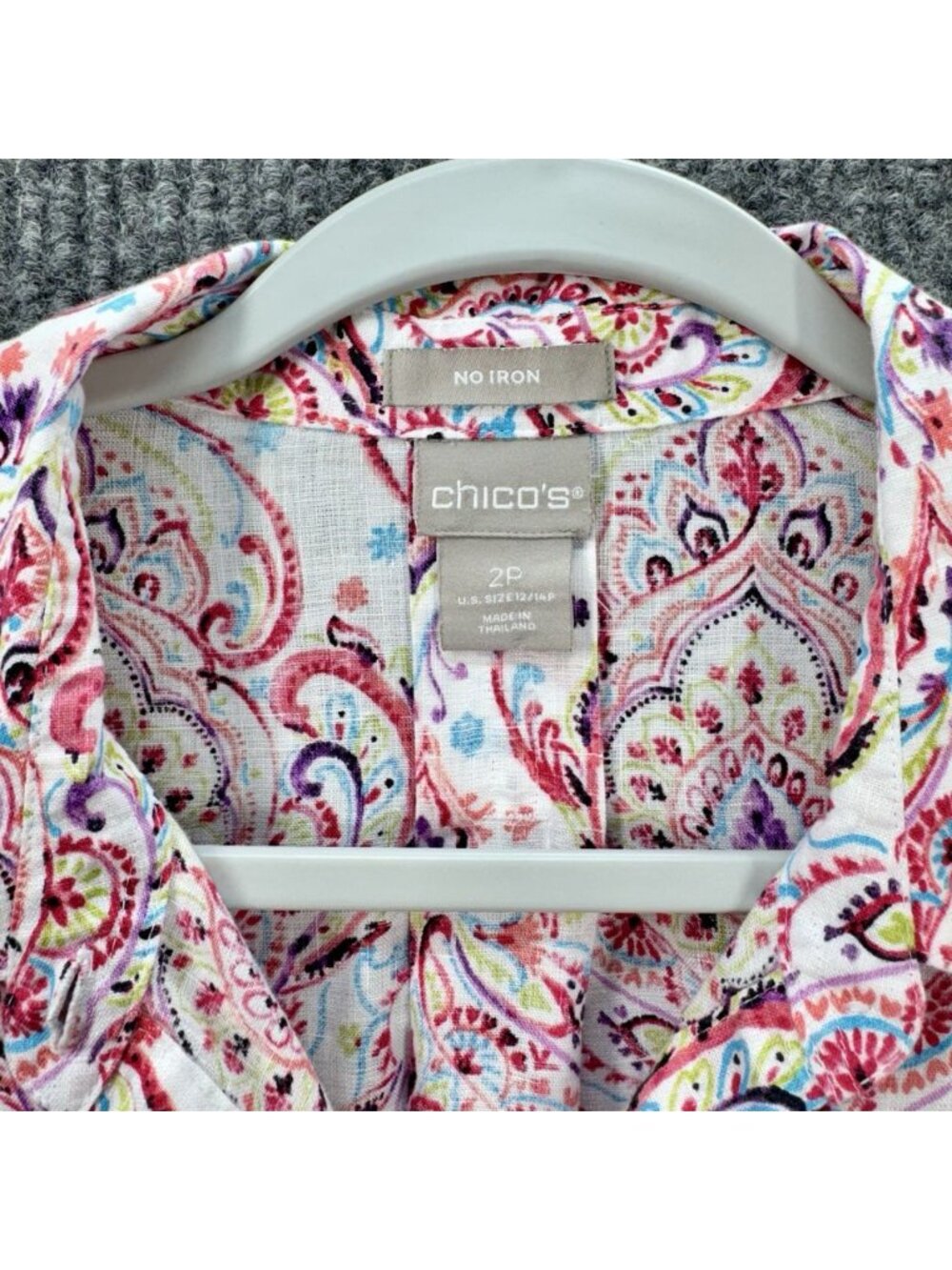 Chicos Linen No Iron Top Size 2P/LP Pink Damask Paisley Button Front 3/4 Sleeve - Picture 5 of 10